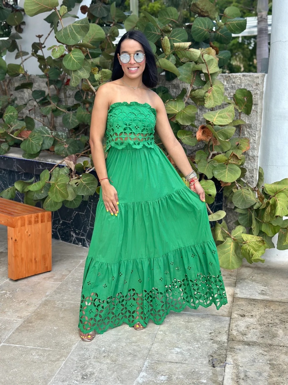 Green Eyelet Strapless Maxi Skirt Set